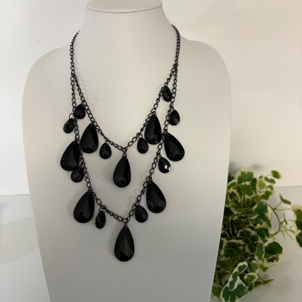 Black Faceted Teardrop Statement Necklace Gunmetal Chain Jewelry 22" Adjustable